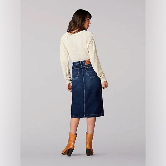 Lee High Rise Button Kansas Blue Dark Wash Denim Midi Skirt - Picture 7 of 8